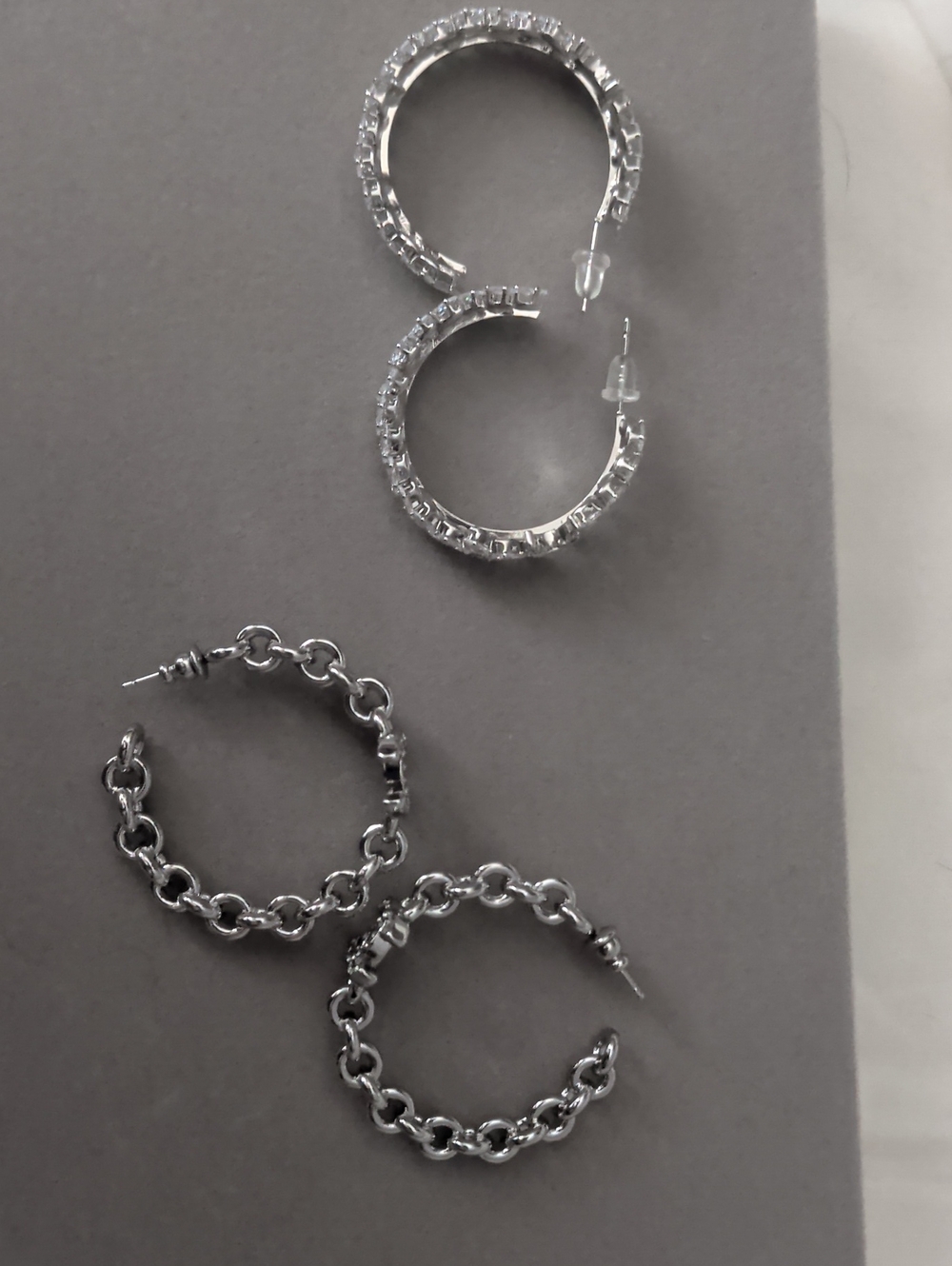 Never Worn Silver Hoop Earring Set - Crystal Pave & Chain Styles